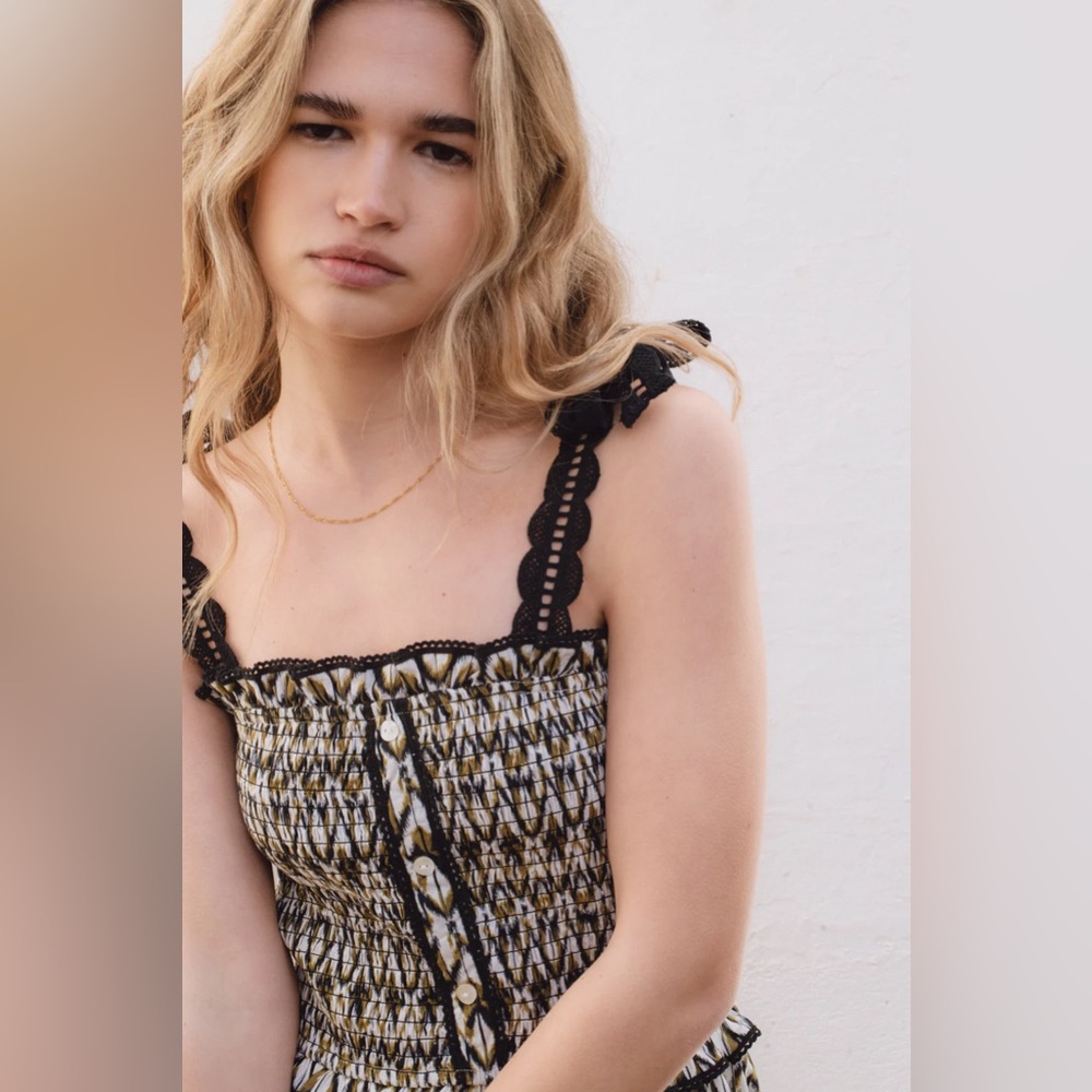 Smocked Maxi Dress with Black Lace Straps - Olive Pattern